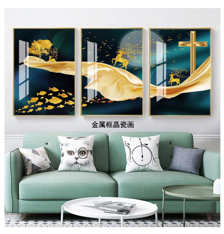 十字架三联画晶瓷挂画冰晶画玻璃喜乐卧金属框玻璃画
