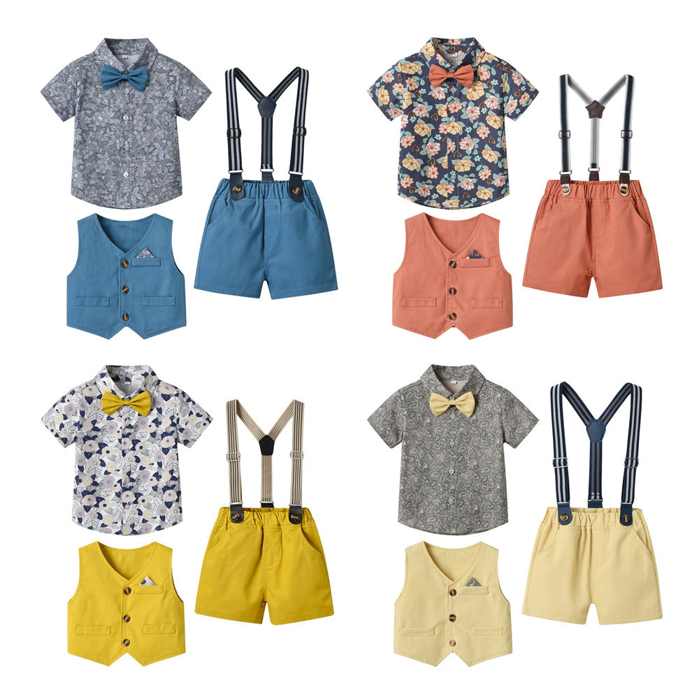 男童套装夏季儿童复古领结花衬衫马甲背带裤小主持人衣服表演礼服