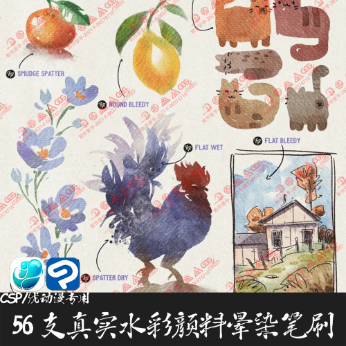 ClipStudioPaint笔刷53支真实水彩颜料晕染纸张纹理CSP优动漫画笔