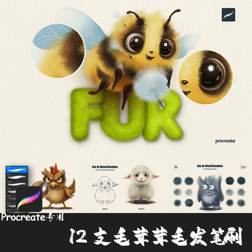 Procreate笔刷 12支可爱毛茸茸毛发绒毛皮毛宠物猫狗IPAD手绘画笔