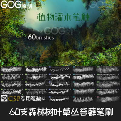 ClipStudioPaint笔刷60支森林树灌木叶草丛植物苔藓园林CSP优动漫