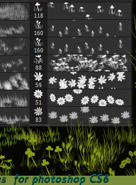 PS笔刷画笔笔触 14款手绘绿色草地青草小草野花花朵效果设计素材