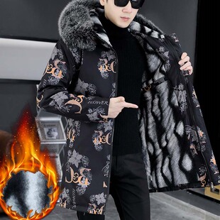 冬季大毛绒时尚男装大毛领加绒加厚风衣外套男士棉衣中长款棉袄潮
