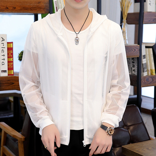 夏新款加肥加大码连帽夹克男潮流纯色轻薄镂空防晒衣外套休闲旅游