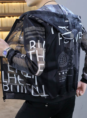男士夏季冰丝薄款连帽防晒服宽松大码防晒上衣户外运动夹克外套男