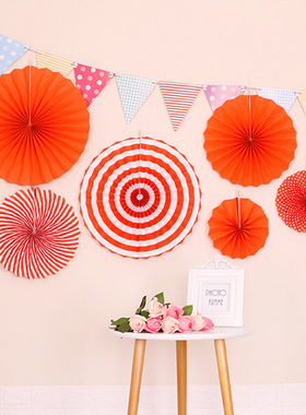 6个套装花万圣节装饰黑橙色DIY折扇花婚庆儿童生日派对装饰纸扇花