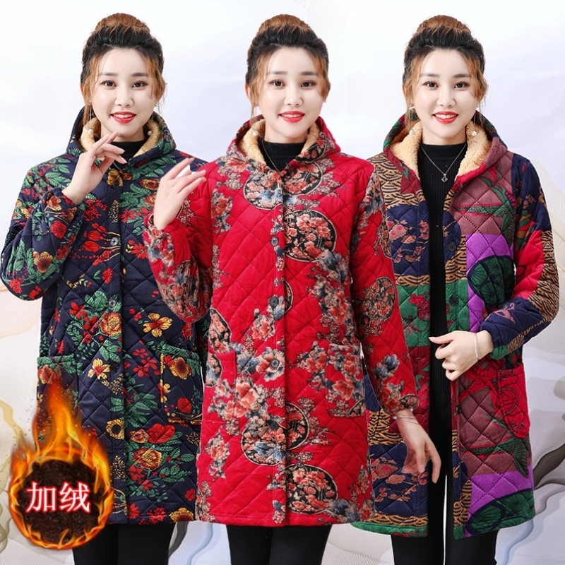 冬天罩衣四川省服中老年女棉衣加绒加厚妈妈中长款保暖工作服外套