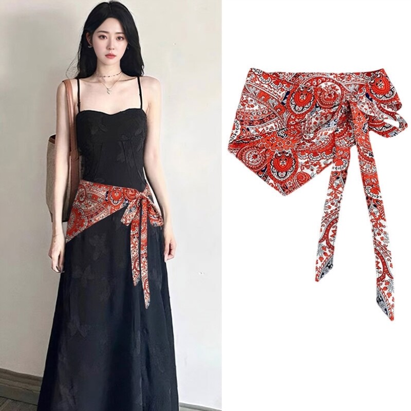 红色腰果花春夏半身裙女士印花裙帘腰巾叠穿短裙三角屁帘2025新款