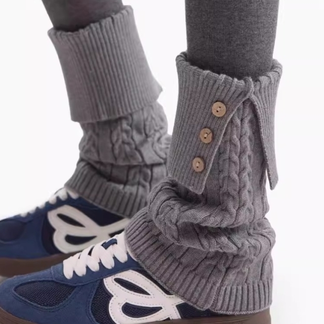 灰色复古麻花翻边纽扣腿套女休闲百搭加厚保暖叠穿打底裤堆堆袜套