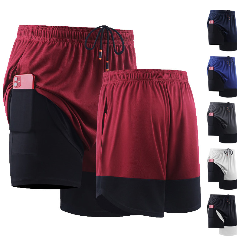 欧美假两件健身短裤男士夏季跑步训练速干裤双层新款蓝球裤运动裤