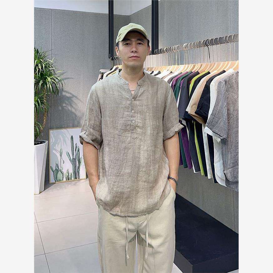 夏季新款高级感亚麻衬衫宽松V领五分袖寸衣新中式复古短袖衬衣男