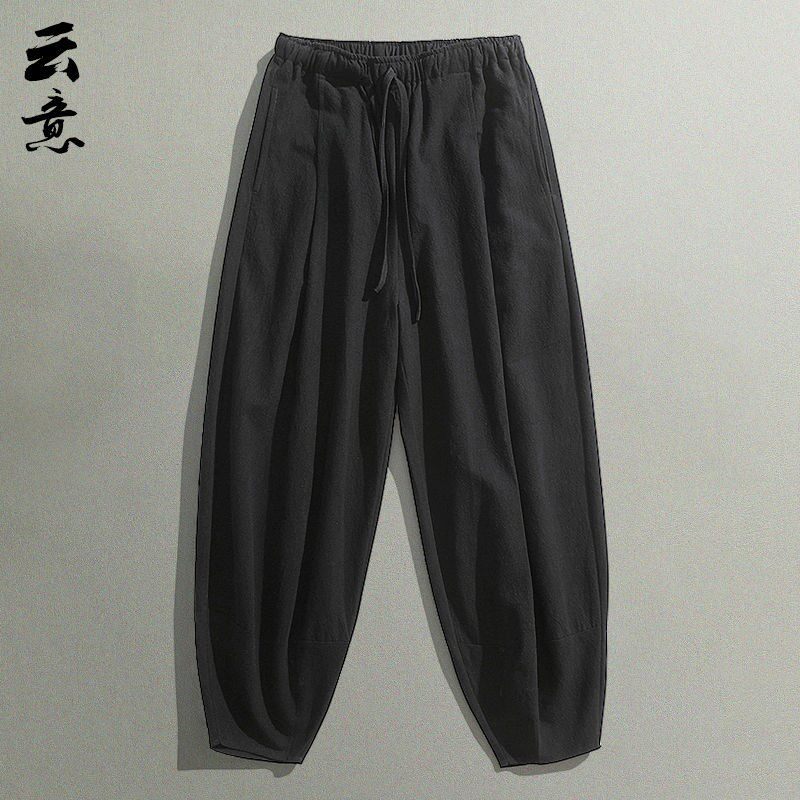 中国风亚麻裤子男春夏加肥加大宽松休闲裤大码阔腿长裤棉麻灯笼裤