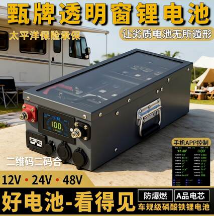 甄牌透明磷酸铁锂电池12V24V48房车锂电池床车改装太阳能储能电源
