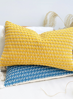 清库存 厚实耐用摩洛哥民族风民宿蓝色黄色棉麻流苏腰枕靠垫腰靠