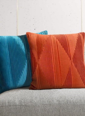 菱形压绉北欧现代复古天鹅绒抱枕客厅沙发民宿样板房橙色蓝色靠垫
