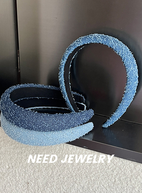 夏日新款海绵高颅顶显脸小发箍磨毛牛仔蓝色头箍百搭外出简约发饰