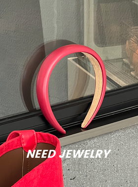 韩版ins新款显脸小高颅顶头箍红色PU皮发箍复古海绵纯色百搭发饰