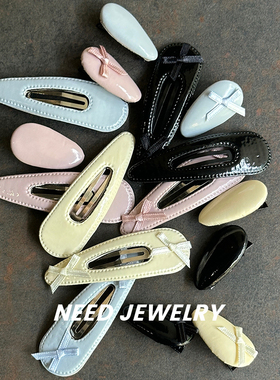 韩版ins新款pu皮蝴蝶结发夹甜美淡蓝色鸭嘴夹头饰少女侧边刘海夹