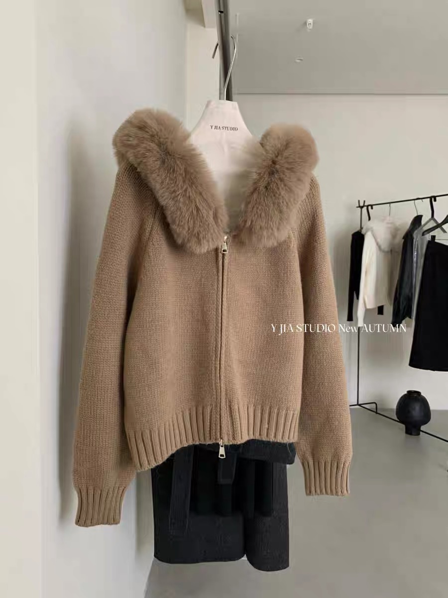 【MF微胖大码】双十一上新1120带毛领小版双拉链毛衣开衫衣长53