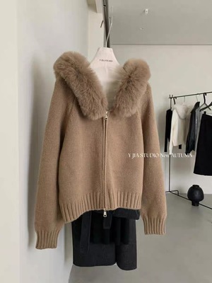 【MF微胖大码】双十一上新1120带毛领小版双拉链毛衣开衫衣长53