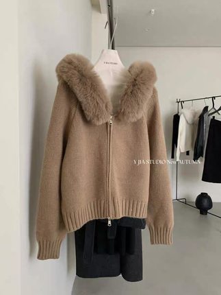 【MF微胖大码】双十一上新1120带毛领小版双拉链毛衣开衫衣长53