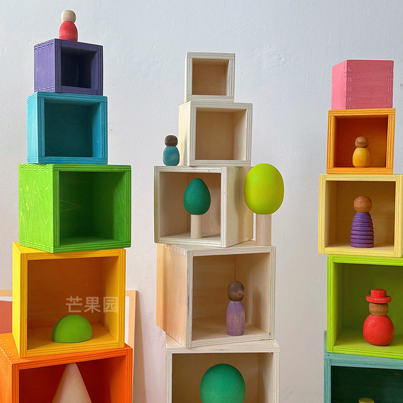 彩虹堆叠套盒儿童方形收纳分类颜色认知木质益智套塔堆堆乐玩具