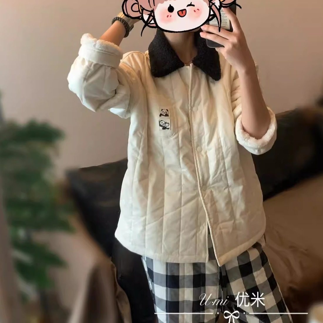U.mi优米冬季绗棉熊猫刺绣翻羽绒服