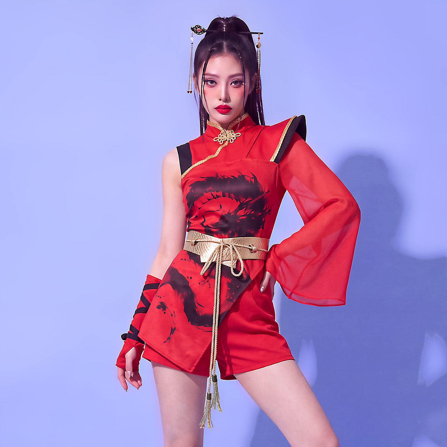 红色国潮打鼓演出爵士舞套装女