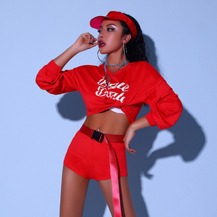 爵士舞上衣女红色长袖韩舞女团打歌服嘻哈街舞套装成人爵士演出服