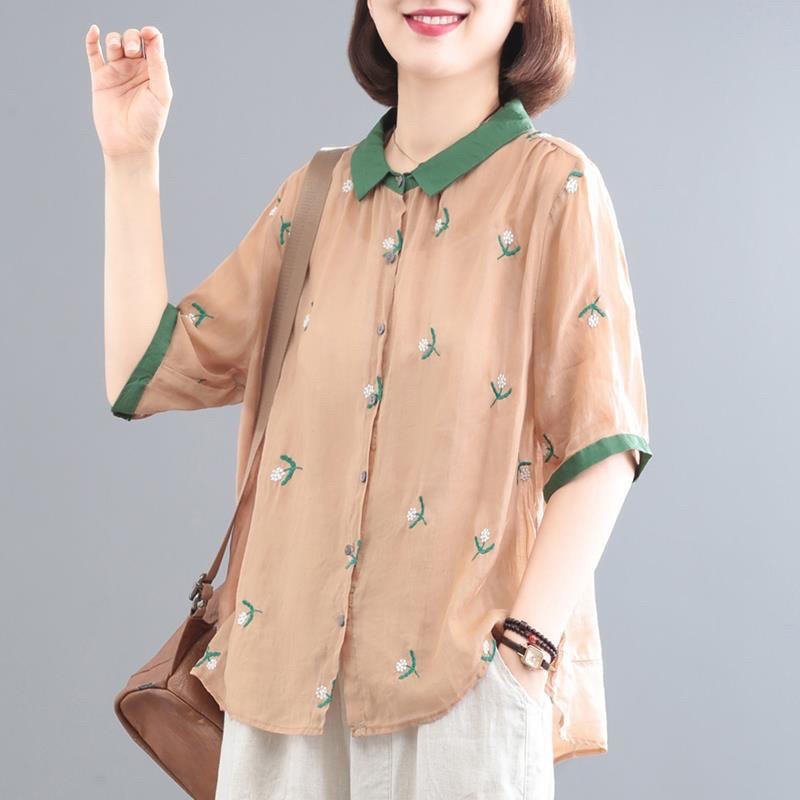 文艺复古刺绣女士衬衫夏季新款拼接Polo领短袖宽松显瘦大码上衣女