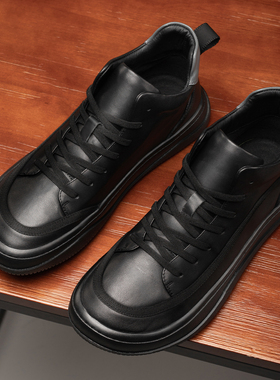 帕达索休闲板鞋新款高帮男士黑色鞋透气韩版圆头休闲男皮鞋221101