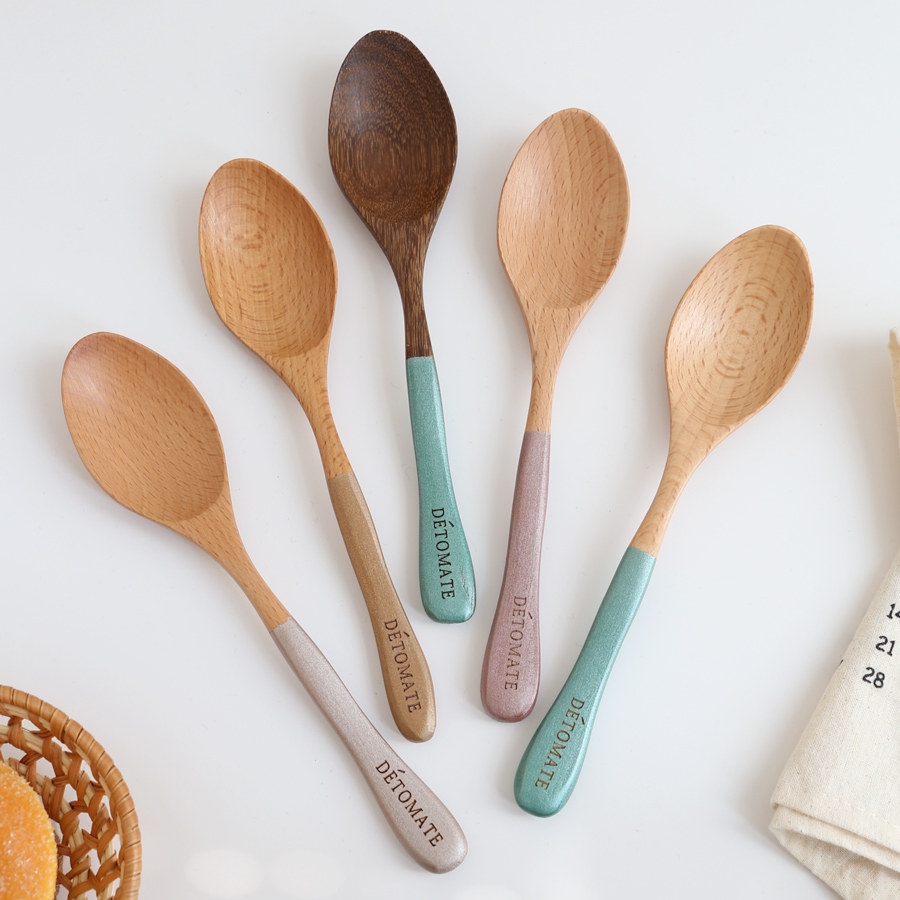 日式实木勺子家用饭勺调羹吃饭小汤勺多彩手柄勺创意彩色木柄勺