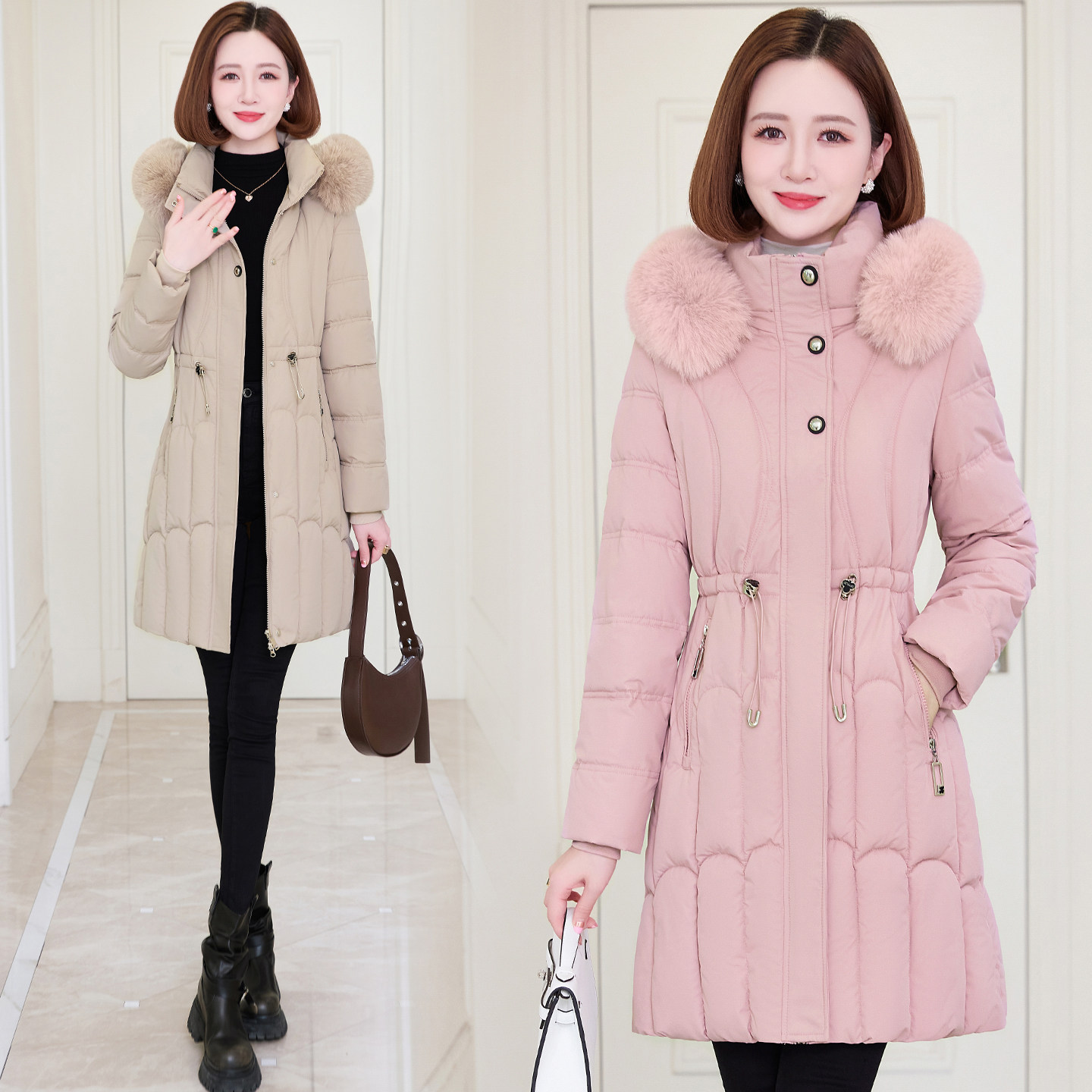 大毛领连帽羽绒棉服女冬季洋气质减龄棉衣外套收腰显瘦中长款棉袄