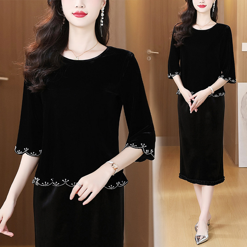 时尚花边五分中袖金丝绒T恤女春夏季2026年新款洋气减龄打底小衫