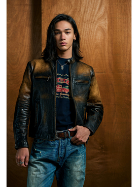 特叔复古男装J100修身机车皮夹克真皮皮衣男做旧茶芯牛皮立领外套