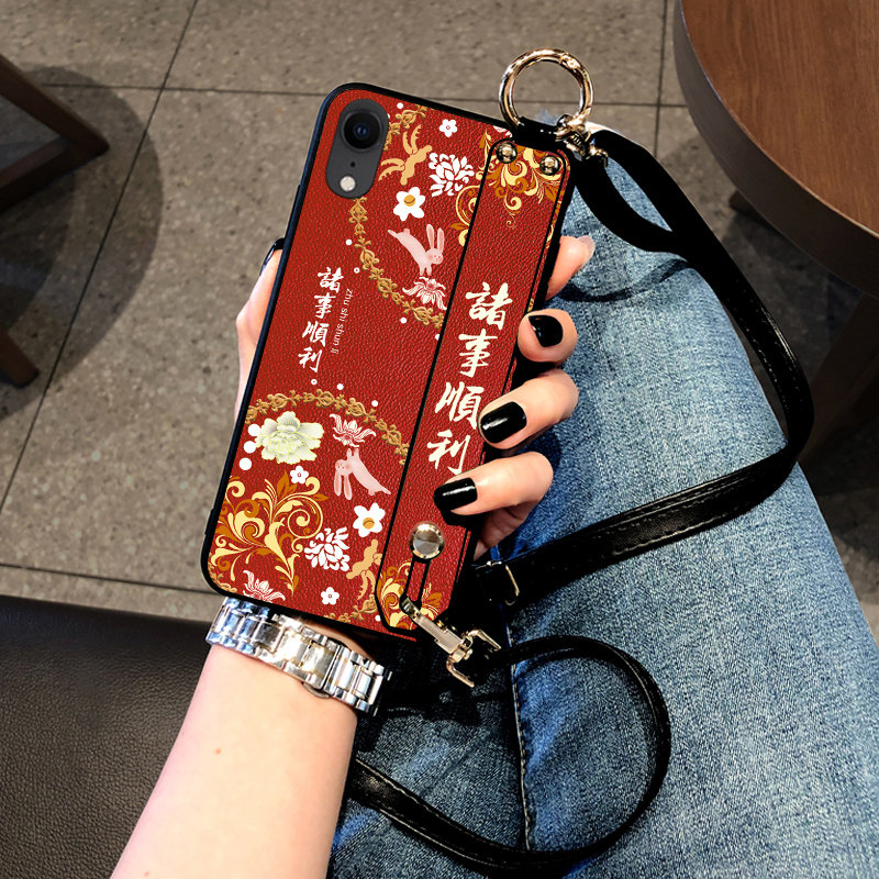 DLARA适用于苹果xsmax手机壳iphone8plus保护套苹果x斜挎挂绳腕带款XR兔子6s皮质手感XS如意大小78