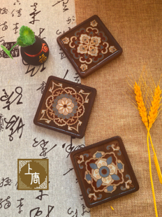 敦煌藻井方形杯垫胡桃木8.8厘米DIY套件釉料掐丝珐琅景泰蓝材料包