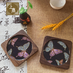 蝴蝶螺钿掐丝珐琅釉料DIY材料包景泰蓝北美胡桃木杯垫