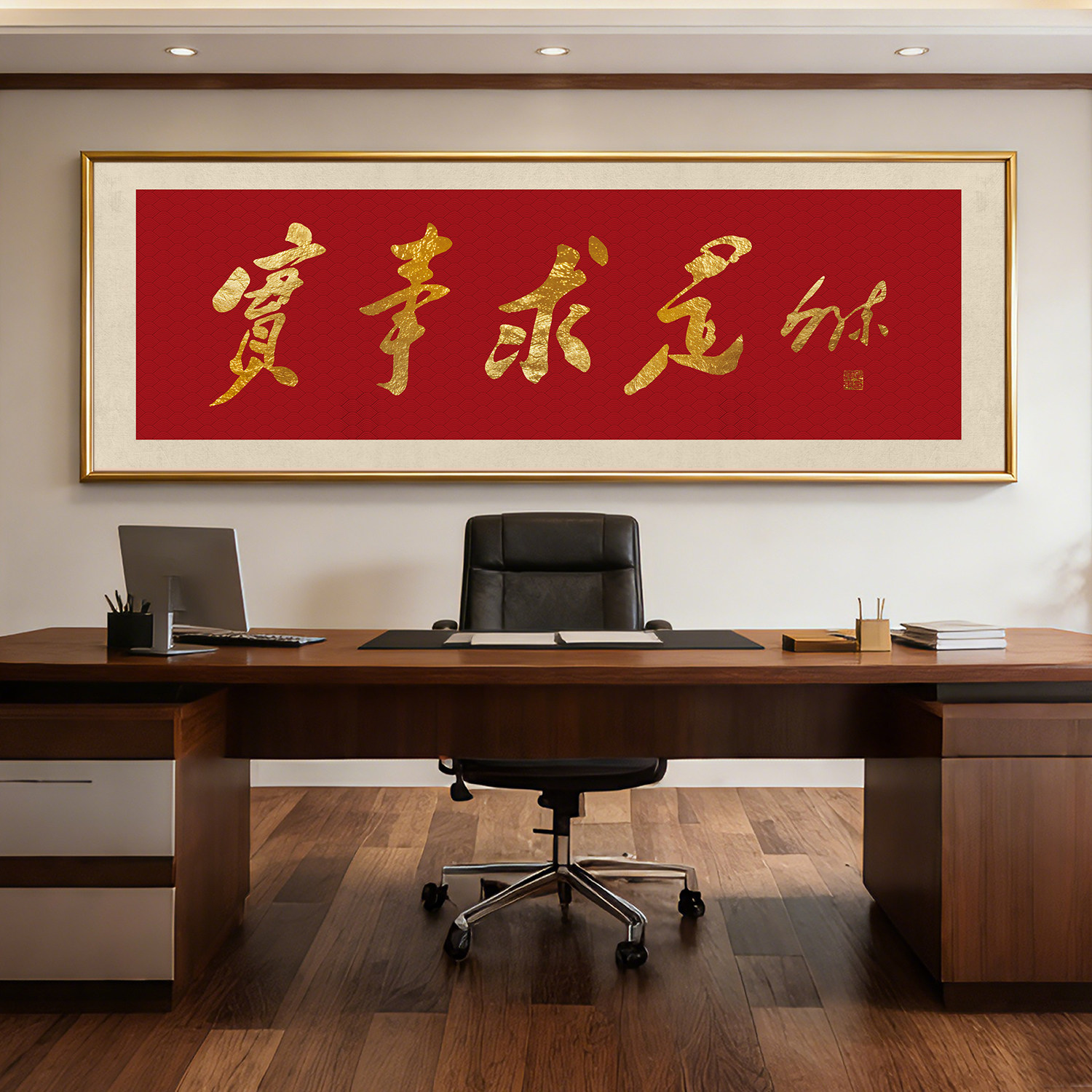 实事求是书法挂画书房茶室伟人毛笔字画红色装饰画办公室横版壁画图片