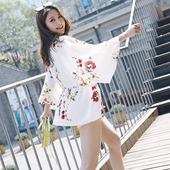 夏七分袖 女 中长收腰上衣薄外套宽松雪纺衫 碎花防晒开衫 蝙蝠袖