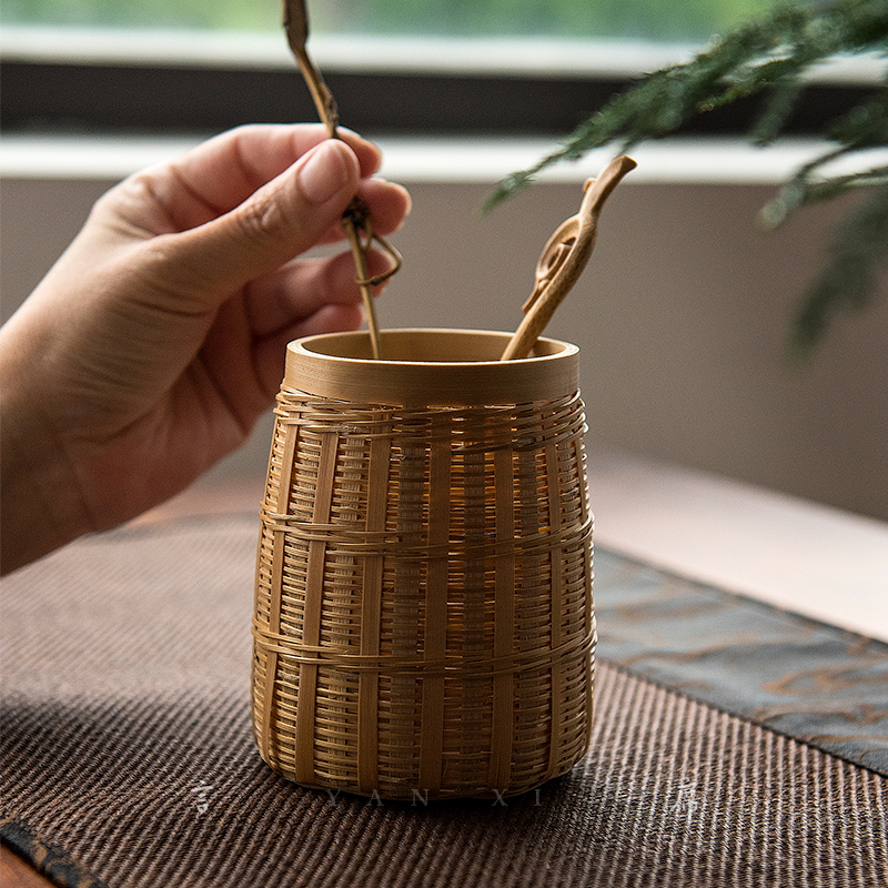 手工茶艺竹制编织泡茶道六君子功夫茶夹茶针茶筒收纳竹篓摆件零配