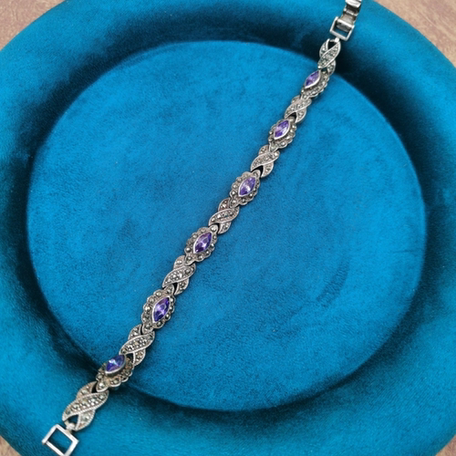 Vintage中古欧洲回流925银马克赛石紫色锆石手链18cm