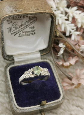 Vintage中古欧洲回流925银橄榄石钻石戒指17号
