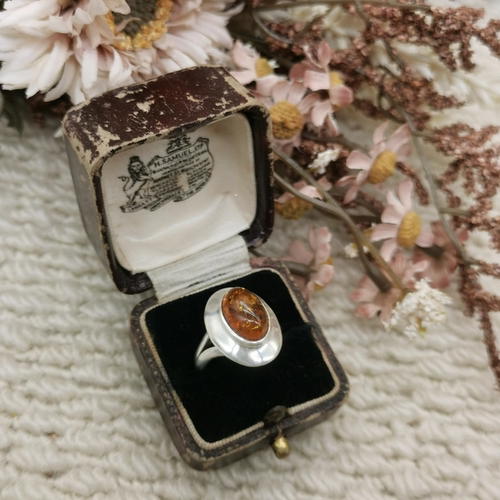 Vintage中古欧洲回流925银琥珀戒指12号