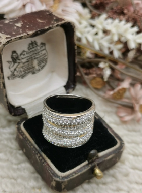 Vintage中古欧洲回流925银锆石宽版戒指大全标17号