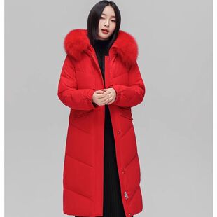雪中飞秋冬新款 大红色羽绒服 女奢华狐狸大毛领宽松廓形显瘦中长款