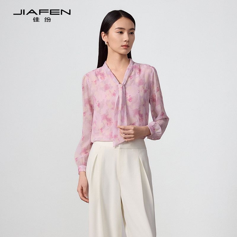 佳纷2026春新品粉色法式碎花衬衫女飘带领气质高级感通勤衬衣上衣
