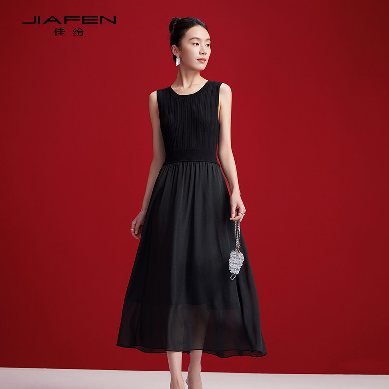 佳纷黑色气质背心连衣裙女2026春夏款垂感飘逸无袖针织赫本风长裙图片