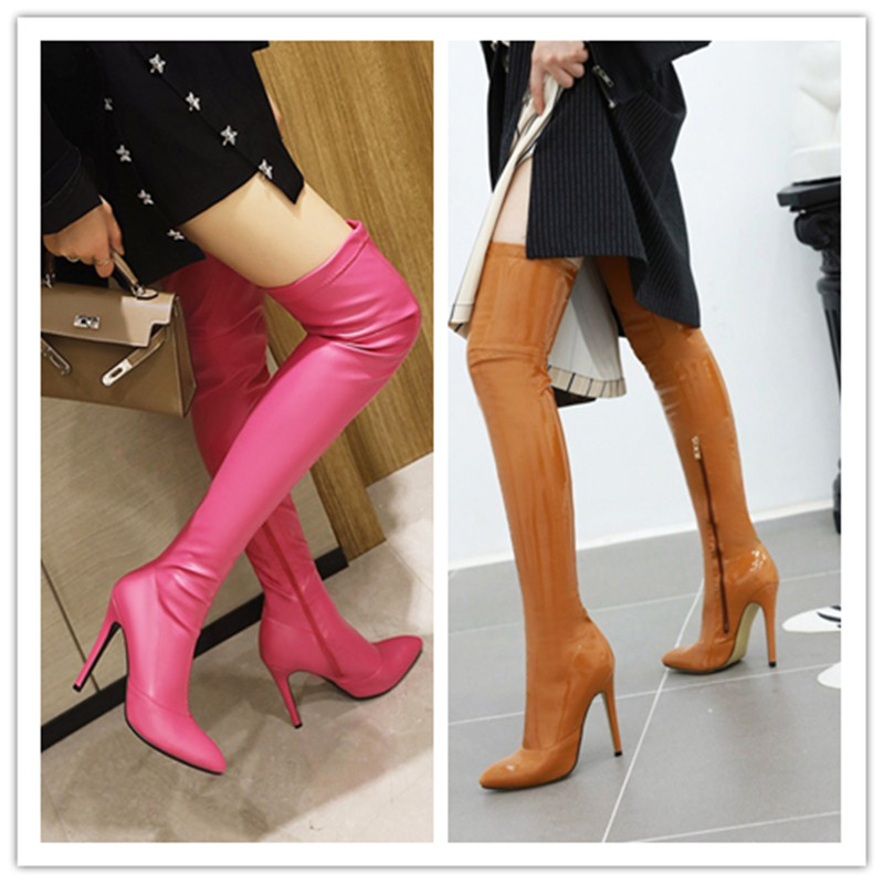 性感细跟漆皮弹力超大码过膝长靴
