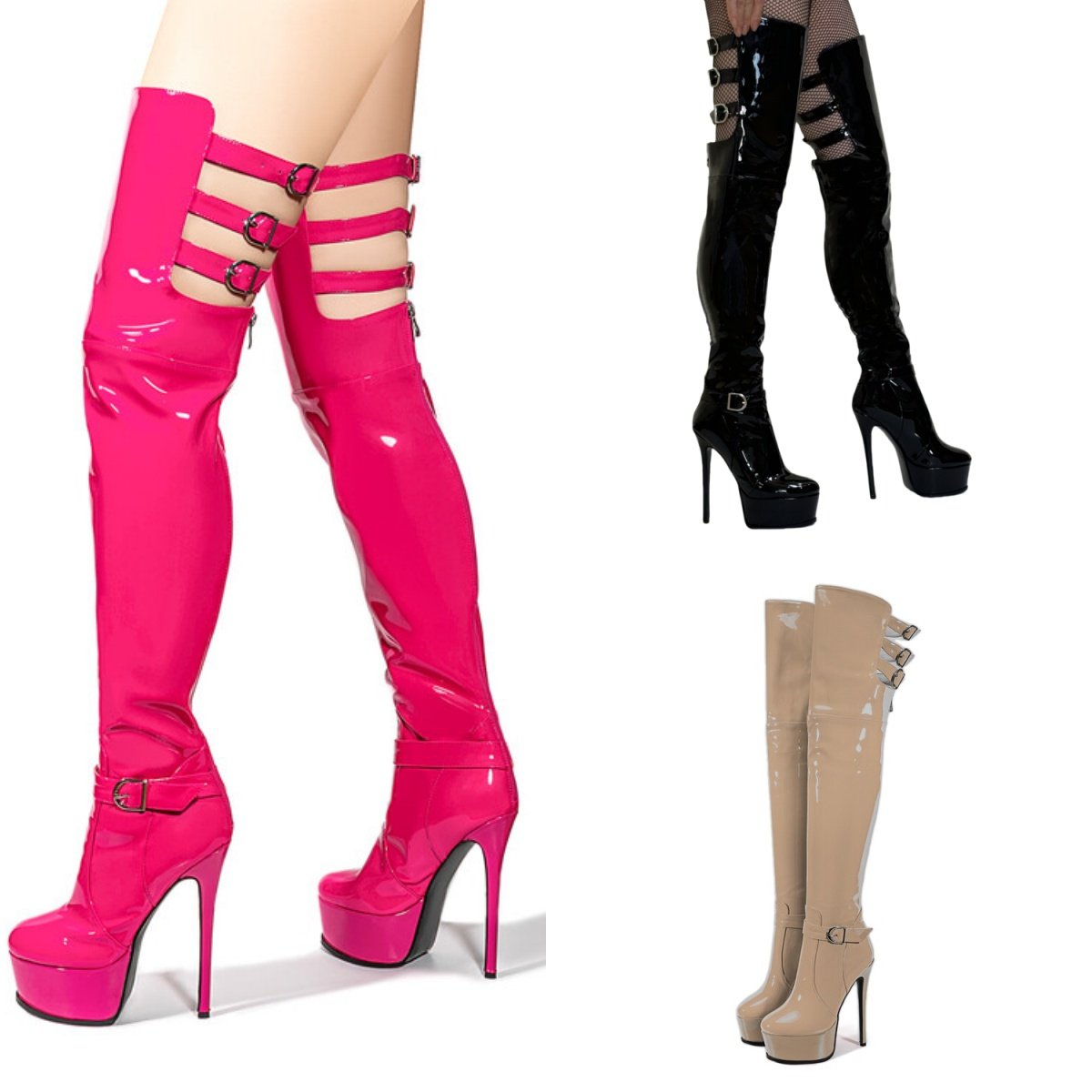 圆头皮带扣后拉链漆皮大码钢管舞靴欧美防水台恨天高百搭过膝长靴